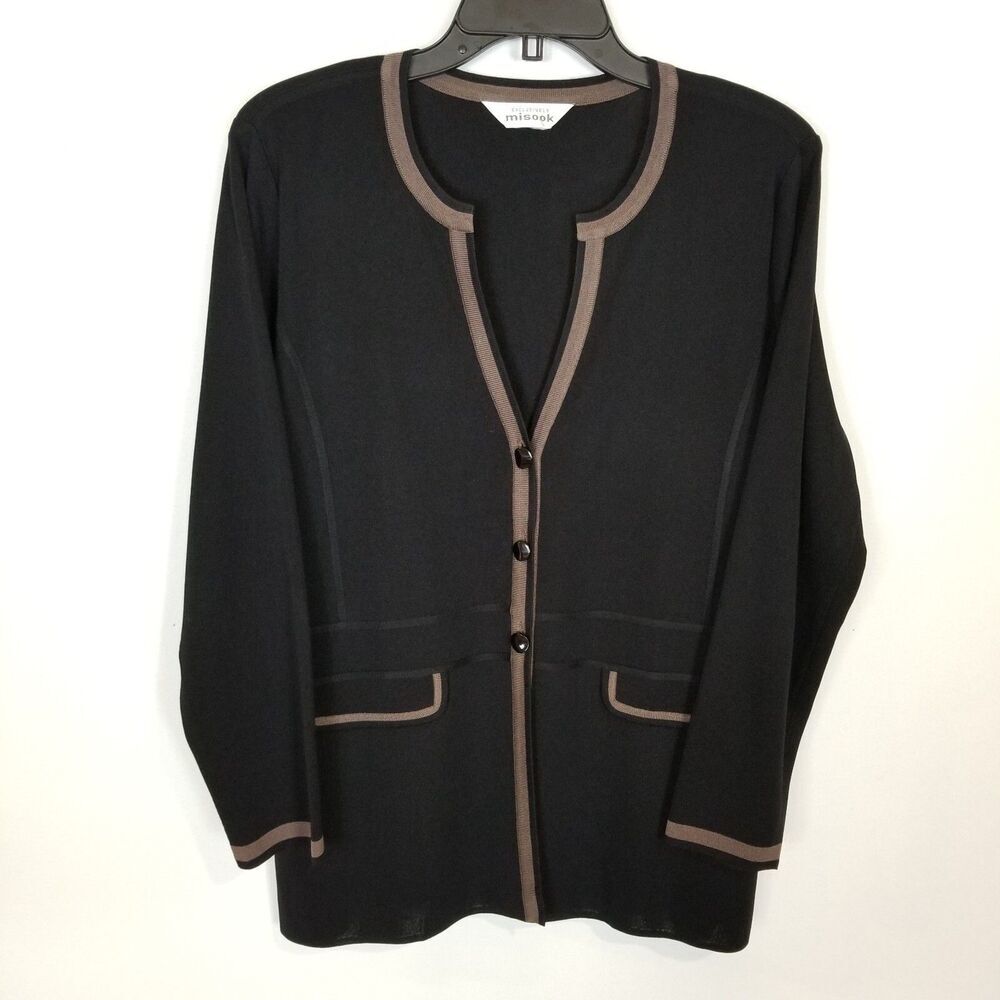 Exclusively Misook Button Up Cardigan Sz L Minimalist Classy Black Knit Jacket